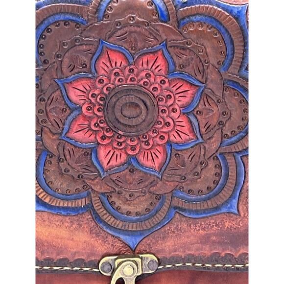 Tooled Brown Leather Mandala Vintage Saddle Boho Shoulder Bag Purse Y2k - Picture 2 of 16